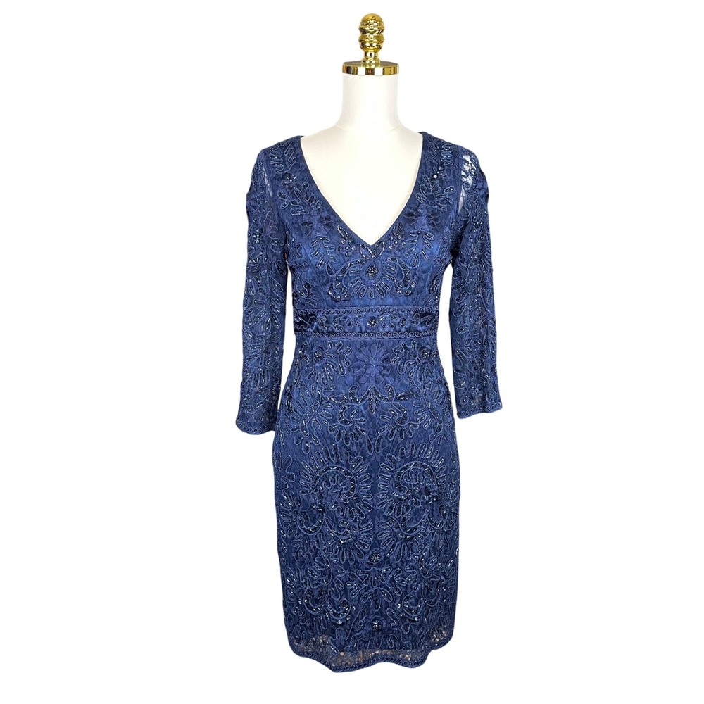 Sue Wong Navy Blue Beaded Lace Cocktail Dress V-Neck 3/4 Sleeve Formal Gown - Picture 3 of 16